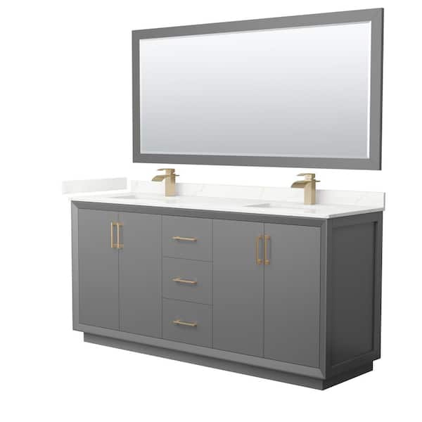 Wyndham Collection Strada 72 in. W x 22 in. D x 35 in. H Double Bath Vanity in Dark Gray with Giotto Quartz Top and 70 in. Mirror