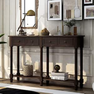 58 in. Espresso Rectangle Wood Console Table with Two Storage Drawers and Bottom Shelf