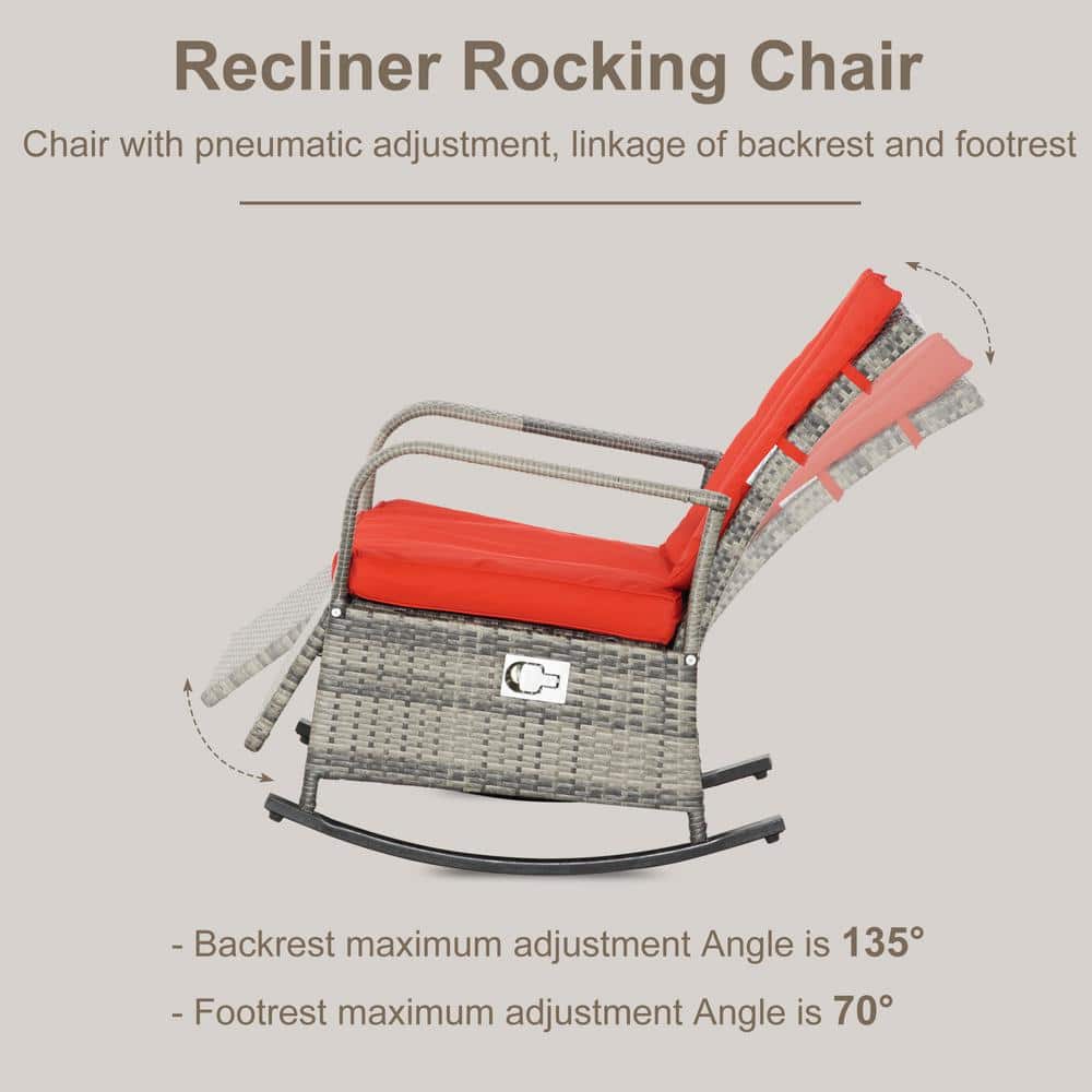 Luxury Mixed Brown and Red PE Rattan Outdoor Rocking Recliner Chair