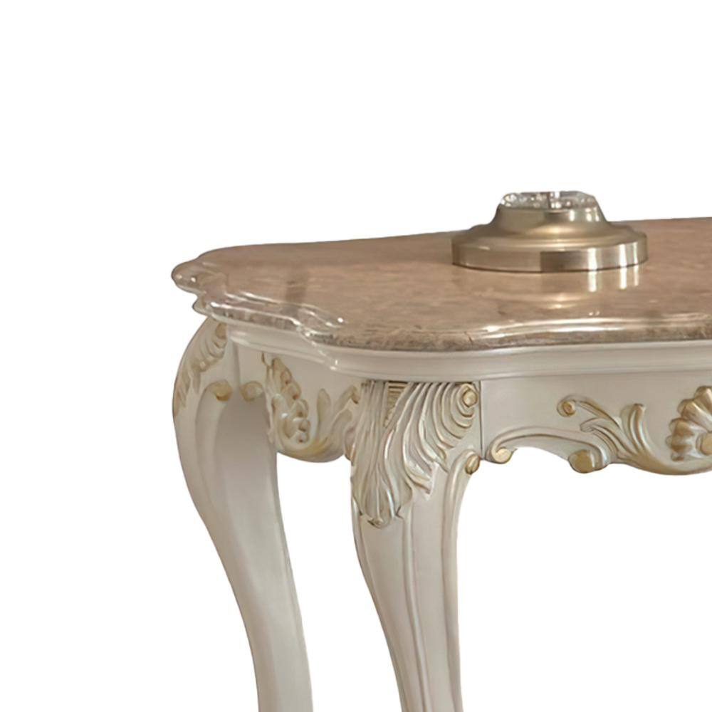 Pearl White and Gold Rectangular Wooden End Table with Marble Top and Storage