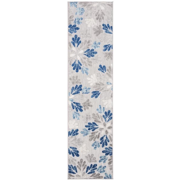 Cabana Gray/Blue 2 ft. x 12 ft. Geometric Floral Indoor/Outdoor Patio  Runner Rug