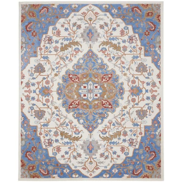 HomeRoots 8 ft. x 10 ft. Ivory and Blue Floral Non Skid Area Rug ...
