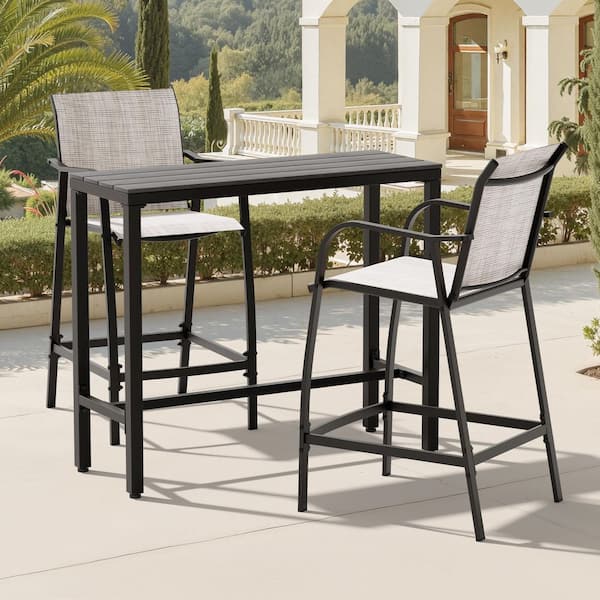 3-Piece Metal Outdoor Bar Serving Set with Wood-Pastic Composite Top and 2 Stools Textilene Seat and Backrests in Gray