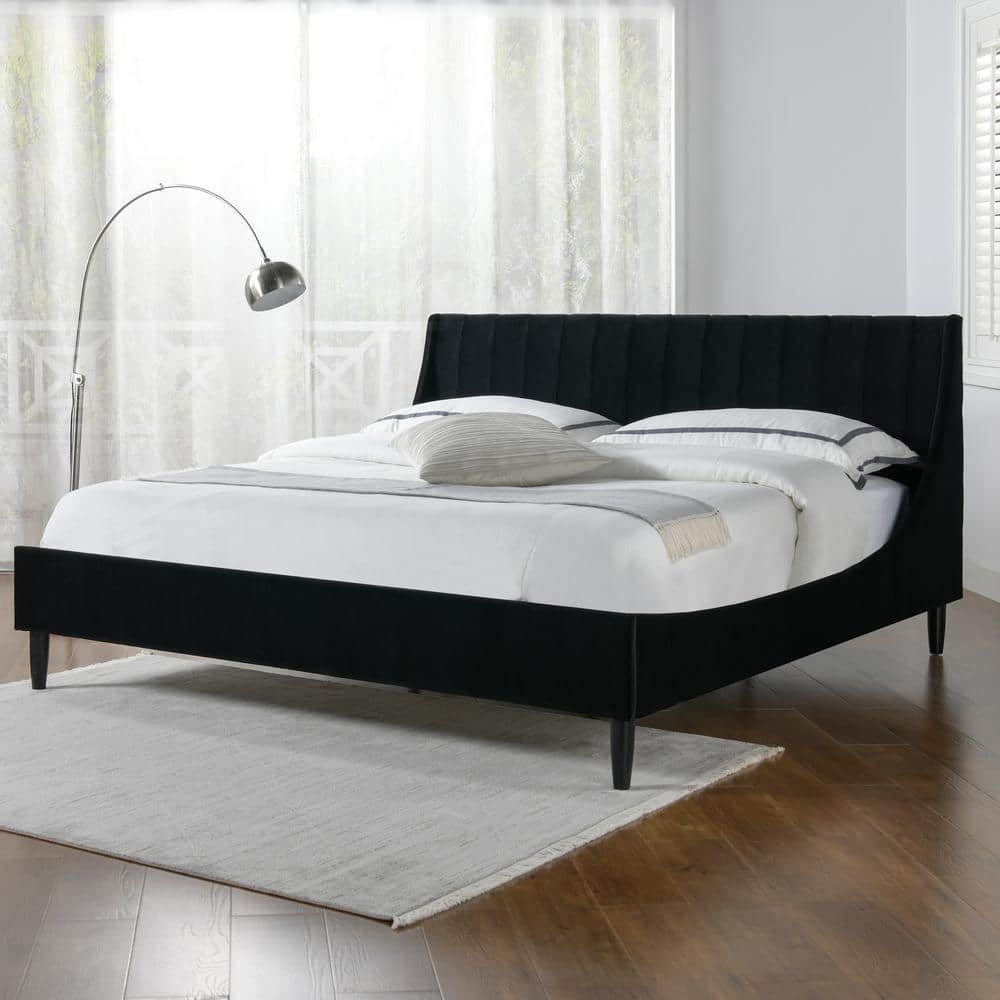 Aspen Anthracite Black Velvet King Platform Bed Frame with Tufted Headboard