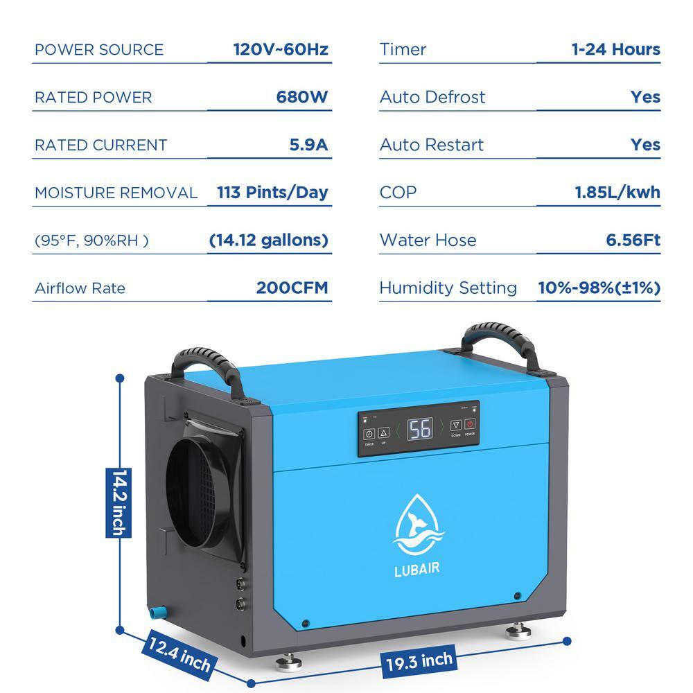 LUBAIR 113 Pints Blue Commercial Dehumidifier with Drain Hose