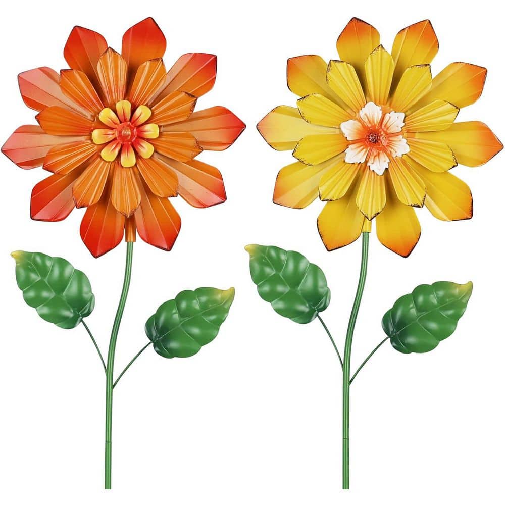 2-Pack 23.6 in. Metal Flower Garden Stakes-Orange and Yellow