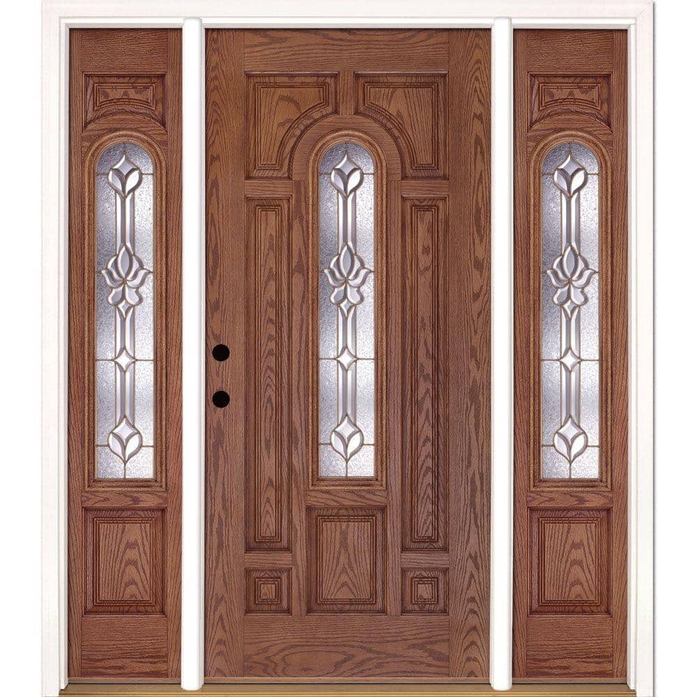 67.5 in.x81.625 in. Medina Brass Center Arch Lt Stained Medium Oak Right-Ha