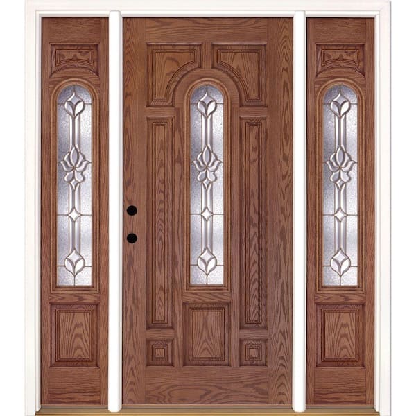 67.5 in.x81.625 in. Medina Brass Center Arch Lt Stained Medium Oak Right-Hand Fiberglass Prehung Front Door w/Sidelites