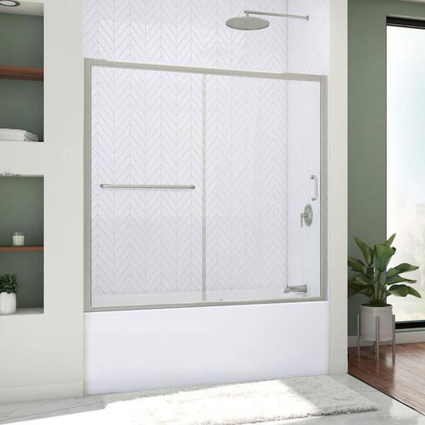 DreamLine Infinity-Z 56 to 60 in. x 60 in. Semi-Frameless Sliding Tub Door in Brushed Nickel and Backwall