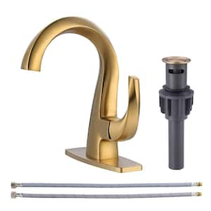 4 in. Solid Brass Single Handle Single Hole High Arc Bathroom Faucet with Deckplate and Drain Kit in Brushed Gold