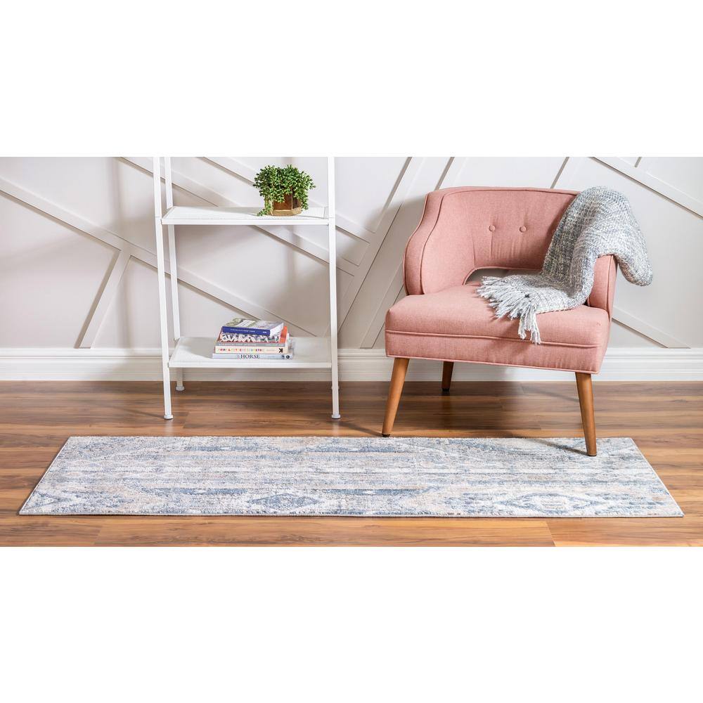 Navy Blue Geometric Indoor Runner Rug with Easy Care and Stain Resistance