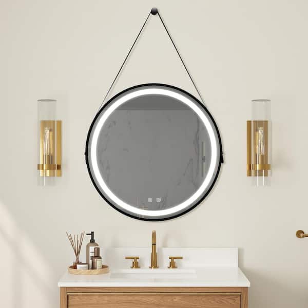 ANGELES HOME 32 in. W x 32 in. H Round Black Framed Wall-Mount Anti-Fog LED Light Bathroom Vanity Mirror，High Lumen