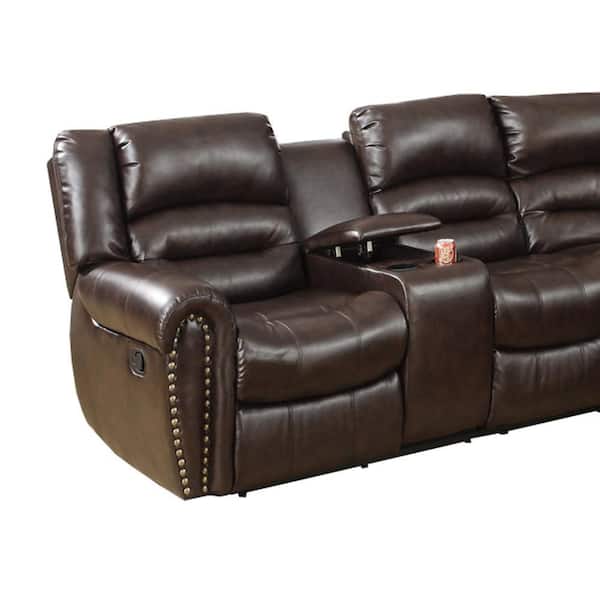 39.0 W in. Pillow Top Arm 3-piece Bonded Leather L-Shaped Reclining Sectional Sofa in. Brown