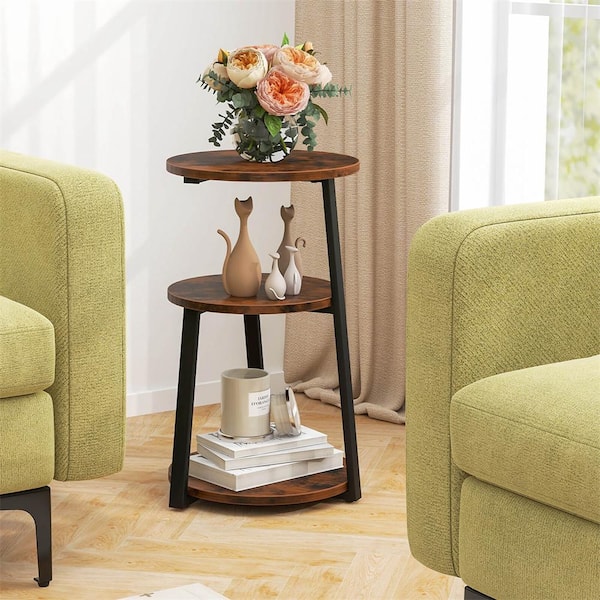 15 in. Brown Round Wood Top End Table with Metal Frame and Adjustable Foot Pads