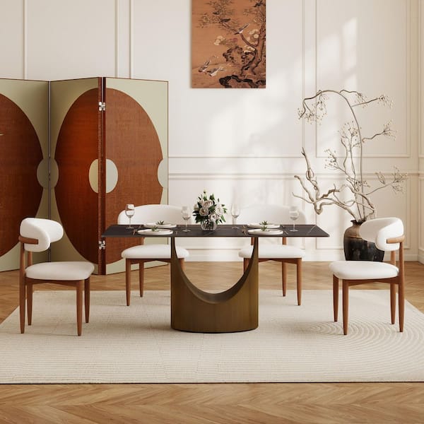 63 in. Black Sintered Stone Tabletop with Pedestal Dining Table with Bronze Carbon Base (Seats 6)