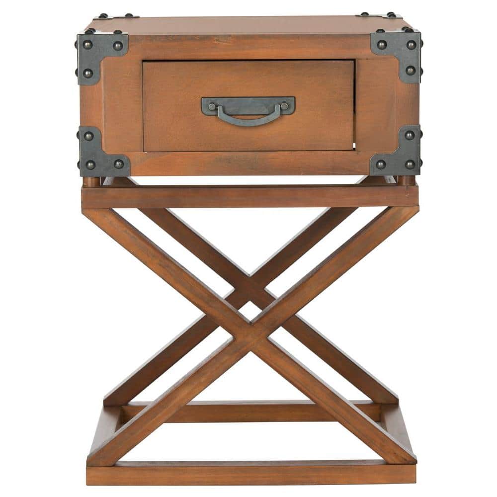 Brown Pine Rectangular Accent Table with Storage Drawer