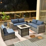 Tahoe Grey 7-Piece Wicker Wide Arm Outdoor Patio Conversation Sofa Set with a Fire Pit and Denim Blue Cushions