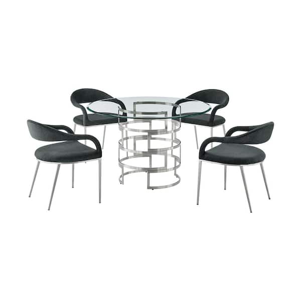 Armen Living Diaz and Morgan 5-Piece Charcoal and Glass Top Dining Set Seats 4