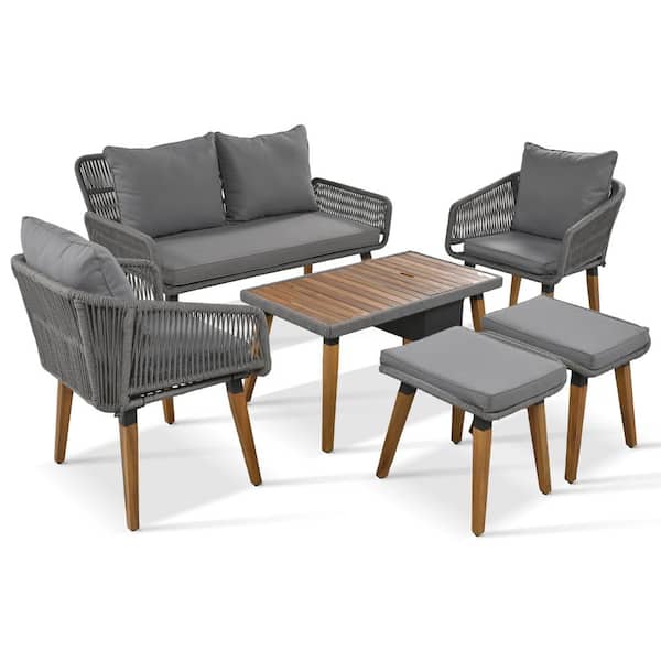 Wooden Outdoor Patio Furniture Set Lounge Chair Set with Grey Cushions, Cool Bar Table and Ice Bucket (6-Pieces)