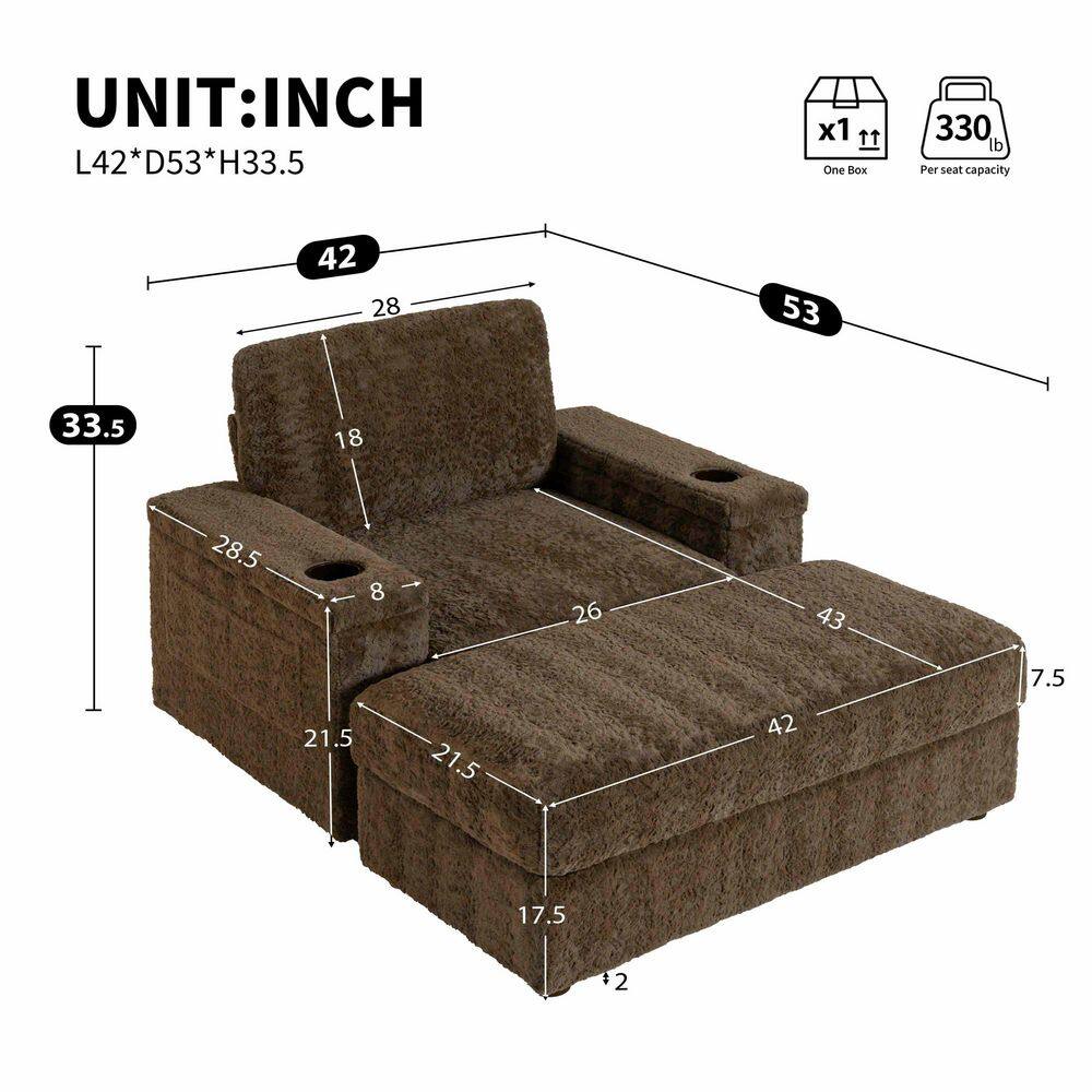 Dimension diagram of the brown faux fur armchair and ottoman.