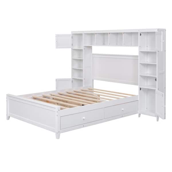 White Wood Frame Full Size Platform Bed with All-in-One Cabinet, Shelf and 4-Drawers