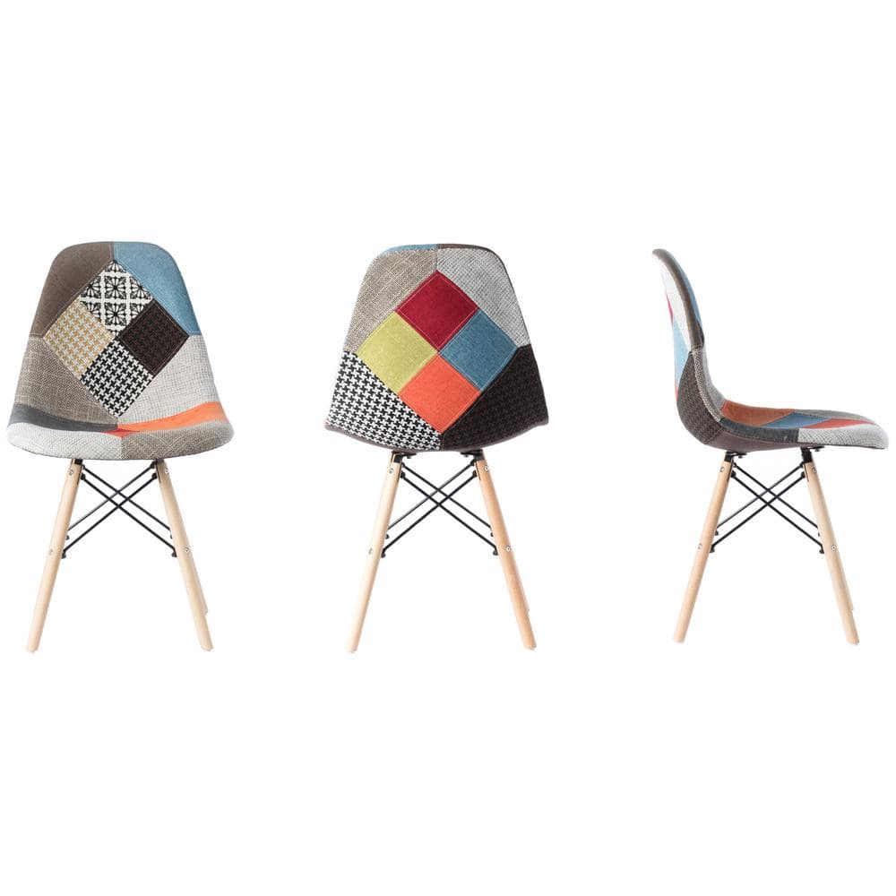 Multicolor Patchwork Upholstered Side Chair with Wooden Legs