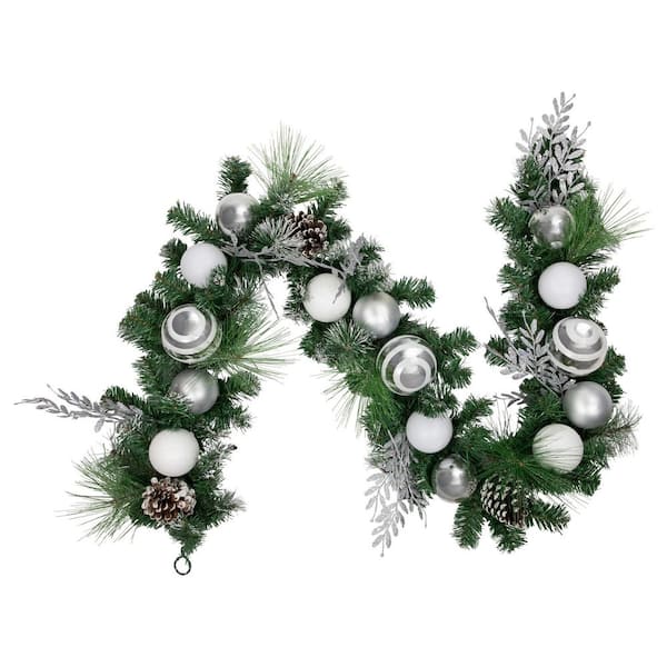 6 ft. Green Pine Needle Garland with Pinecones and Striped Christmas Ornaments Unlit