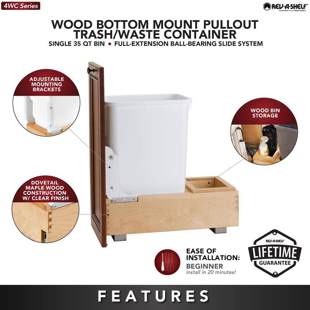 White Plastic Single 35 Qt Pull-Out Trash Bin with Maple Wood Frame