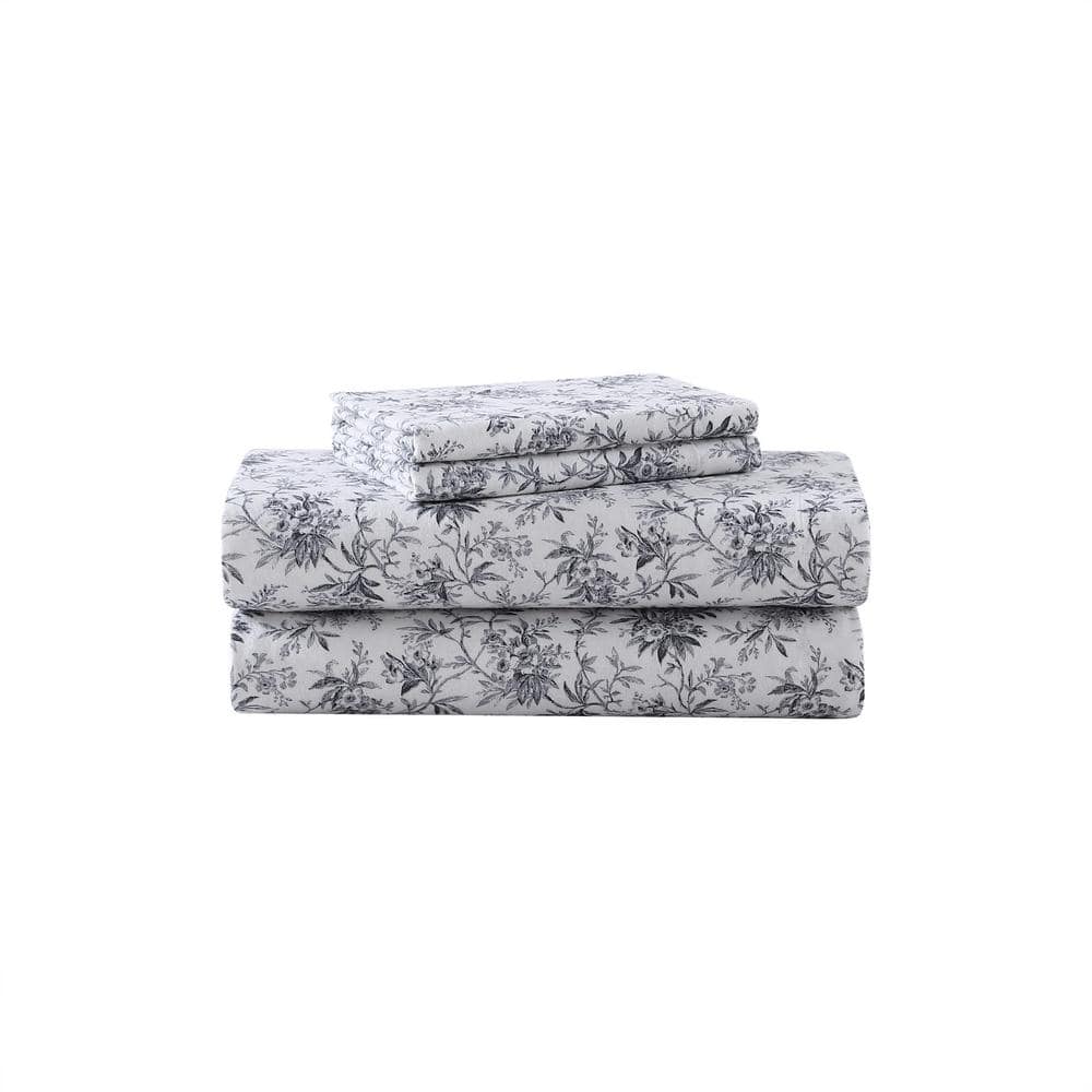 Queen Black Floral Cotton Flannel Sheet Set