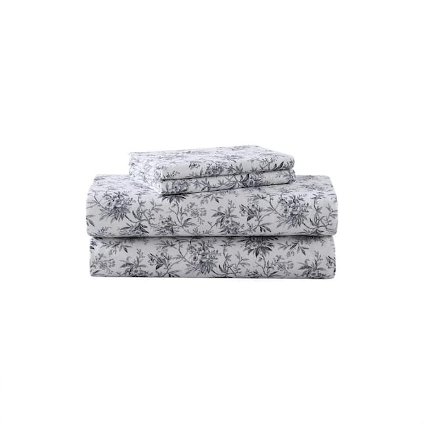 Laura Ashley Faye Toile 4-Piece Black Cotton Flannel King Sheet Set