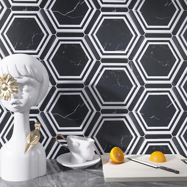Ontario Night Black Hexagon 8.58 in. x 9.89 in. Matte Porcelain Floor and Wall Tile (8.07 sq. ft./Case)
