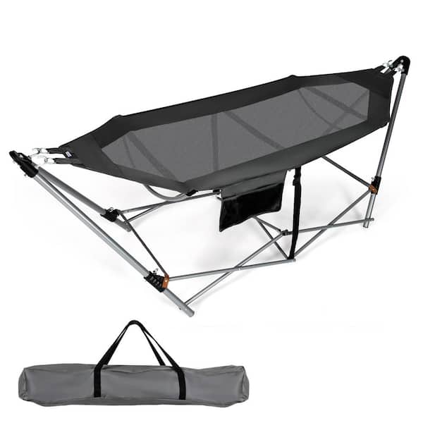 HONEY JOY 7.5 ft. Folding Portable Hammock Free Standing Hammock Bed with Stand-Folds Carrying Bag Anti-Slip Buckle in Grey