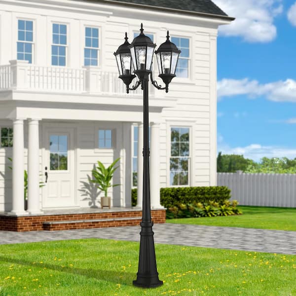 Hathshire 3-Light Textured Black Cast Aluminum Hardwired Outdoor Waterproof Post Light Set With No Bulbs Included