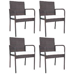 Cushioned Rattan Wicker Dining Chairs Patio Outdoor with Beige Cushion Armrest (Set of 4)