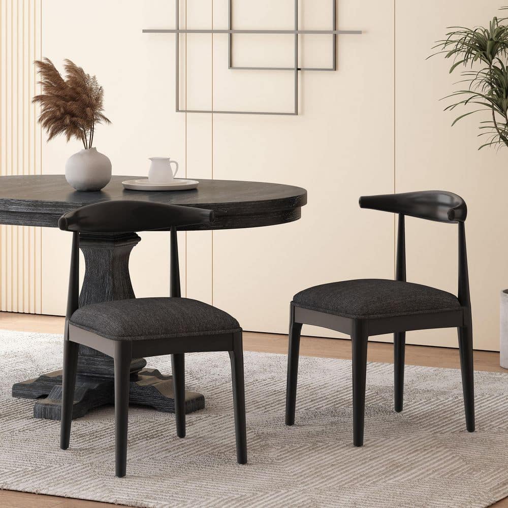 High-end Lines Black and Black Textured Tweed Solid Wood Frame Fabric Cushioned Dining Chairs (Set of 2)