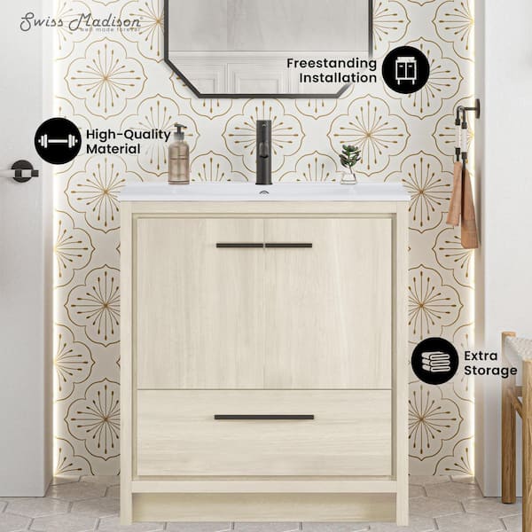 Virage 30" Freestanding Bath Vanity in White Oak with White Ceramic Top