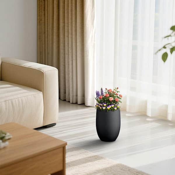 9in. W x 12in. H Matte Black Handcrafted Concrete Tall Round Planter Medium Flower Plant Pot with Drainage Hole