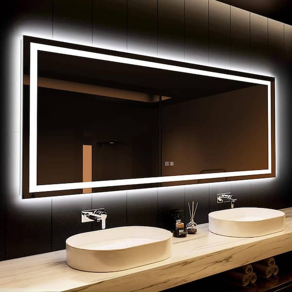 HOMEIBRO 72 in. W x 30 in. H Rectangular Frameless LED Light with 3-Color and Anti-Fog Wall Mounted Bathroom Vanity Mirror