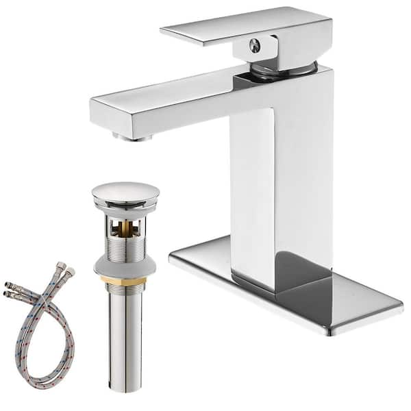 Boyel Living Single Handle Single Hole Bathroom Faucet with Deckplate Included, Pop Up Drain and Water Supply Hoses in Chrome