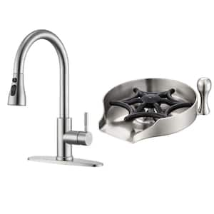 Single Handle Pull Down Sprayer Kitchen Faucet with Glass Rinser Kitchen Sink Accessory Combo in Brushed Nickel