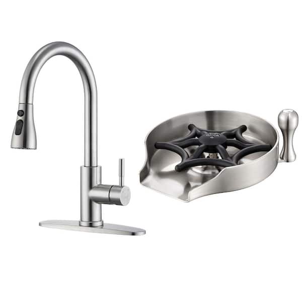 GAGALIFE Single Handle Pull Down Sprayer Kitchen Faucet with Glass Rinser Kitchen Sink Accessory Combo in Brushed Nickel