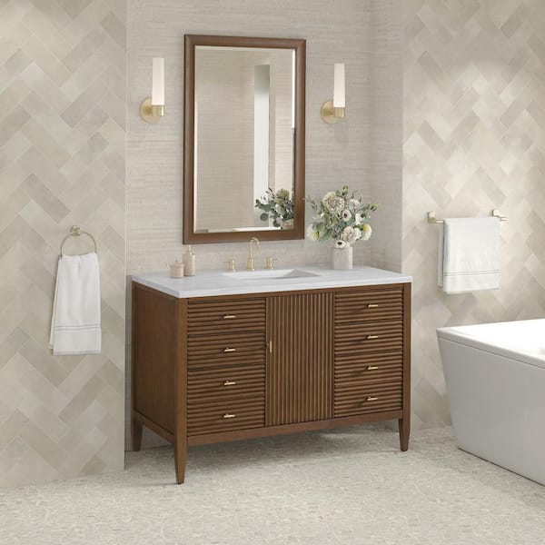 James Martin Vanities Myrrin 48.0 in. W x 23.5 in. D x 34.06 in. H Single Bathroom Vanity Mid-Century Walnut and Arctic Fall Solid Surface Top