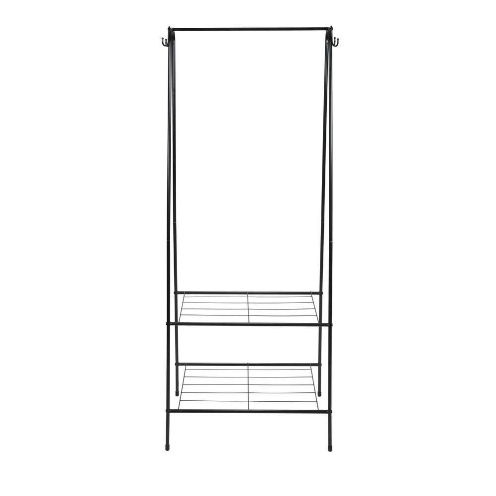 Black Metal Freestanding Clothing Rack with Shelves and Hooks