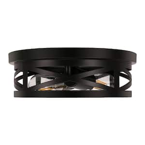 Farmhouse Series 11 in. 2-Light Black Flush Mount with Drum Metal Cage Shade for Entryway Bedroom (2-Pack)