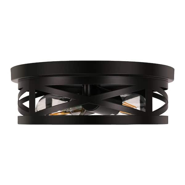 11 in.2-Light Black Flush Mount with Drum Metal Cage Shade for Entryway Bedroom (2-Pack)