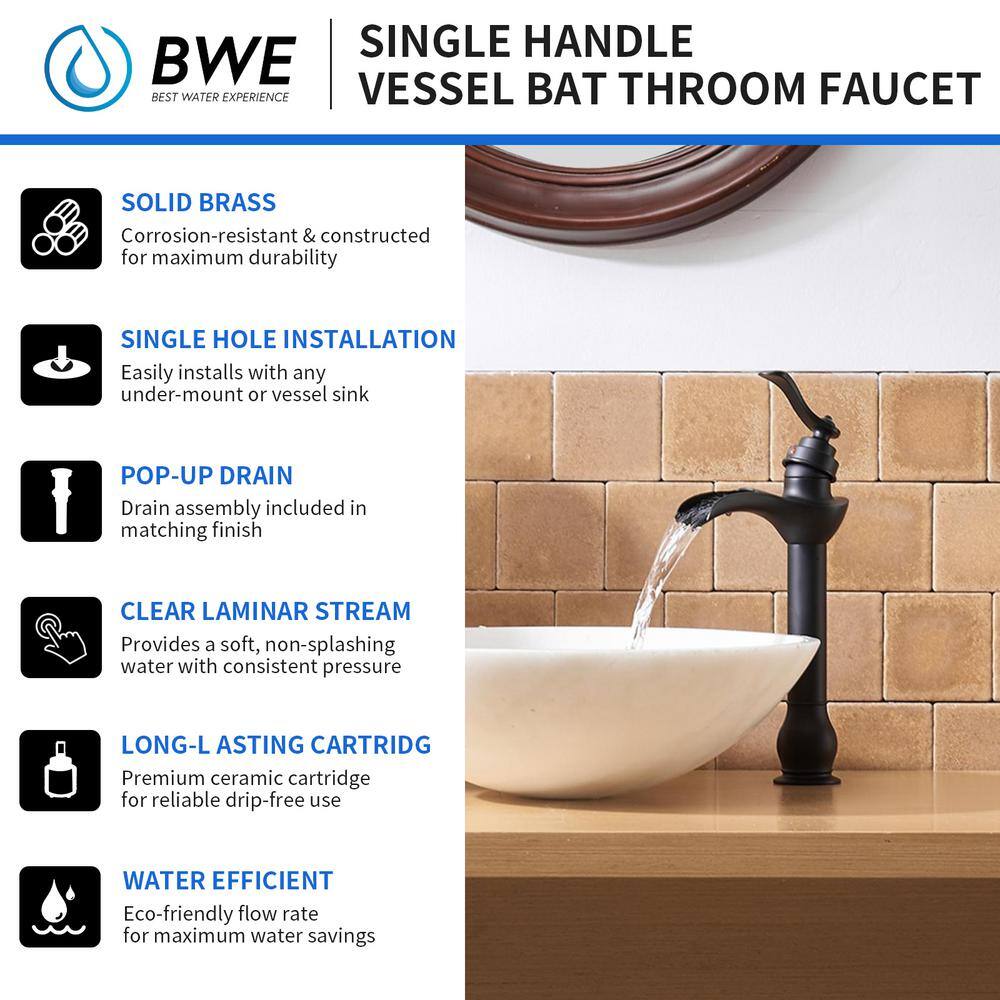 Matte Black Tall Vessel Sink Faucet with Waterfall Spout and Drain Assembly