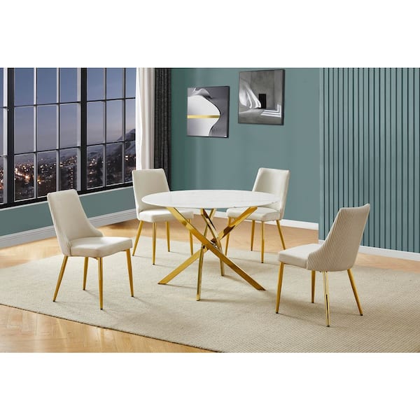 Best Quality Furniture Ruth 5-Piece White Marble Wrap Glass Top Gold Chrome Plated Base Dining Set with 4 Cream Velvet Fabric Chairs