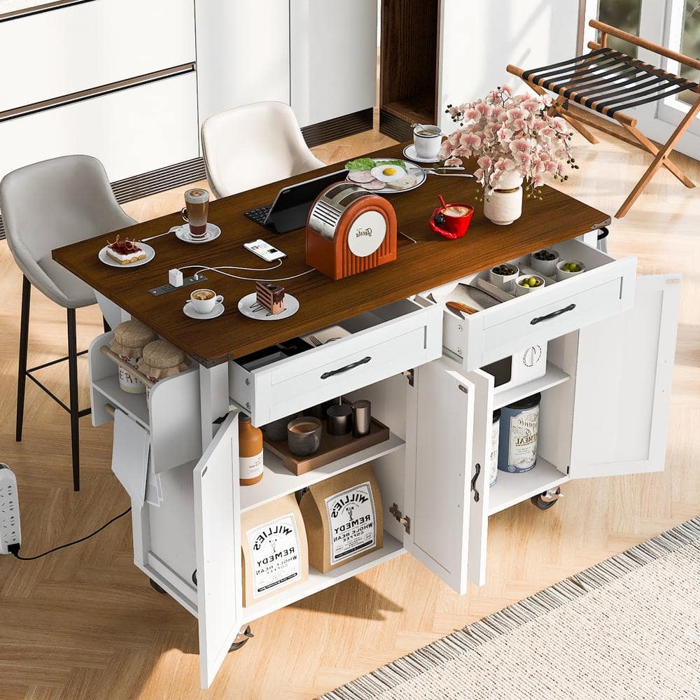 Runesay White Mdf Base with Mdf Wood Top Rolling Kitchen Island (28.75-in x 53.75-in x 36.5-in)