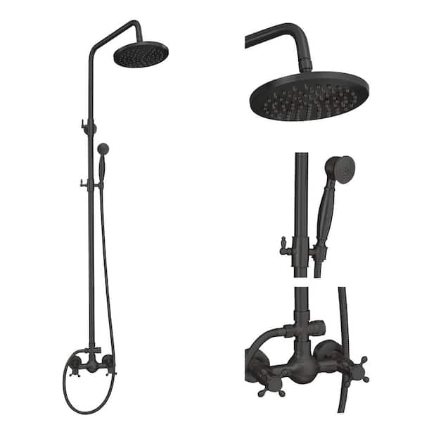 HOMEMYSTIQUE 2-Spray Wall Slid Bar Round Rain Shower Faucet with Hand Shower 2 Cross Handles Mixer Shower System Taps in Matte Black