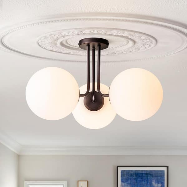 Lueck 22 in. 3-Light Modern Sputnik Oil Rubbed Bronze Semi Flush Mount with Globe White Glass